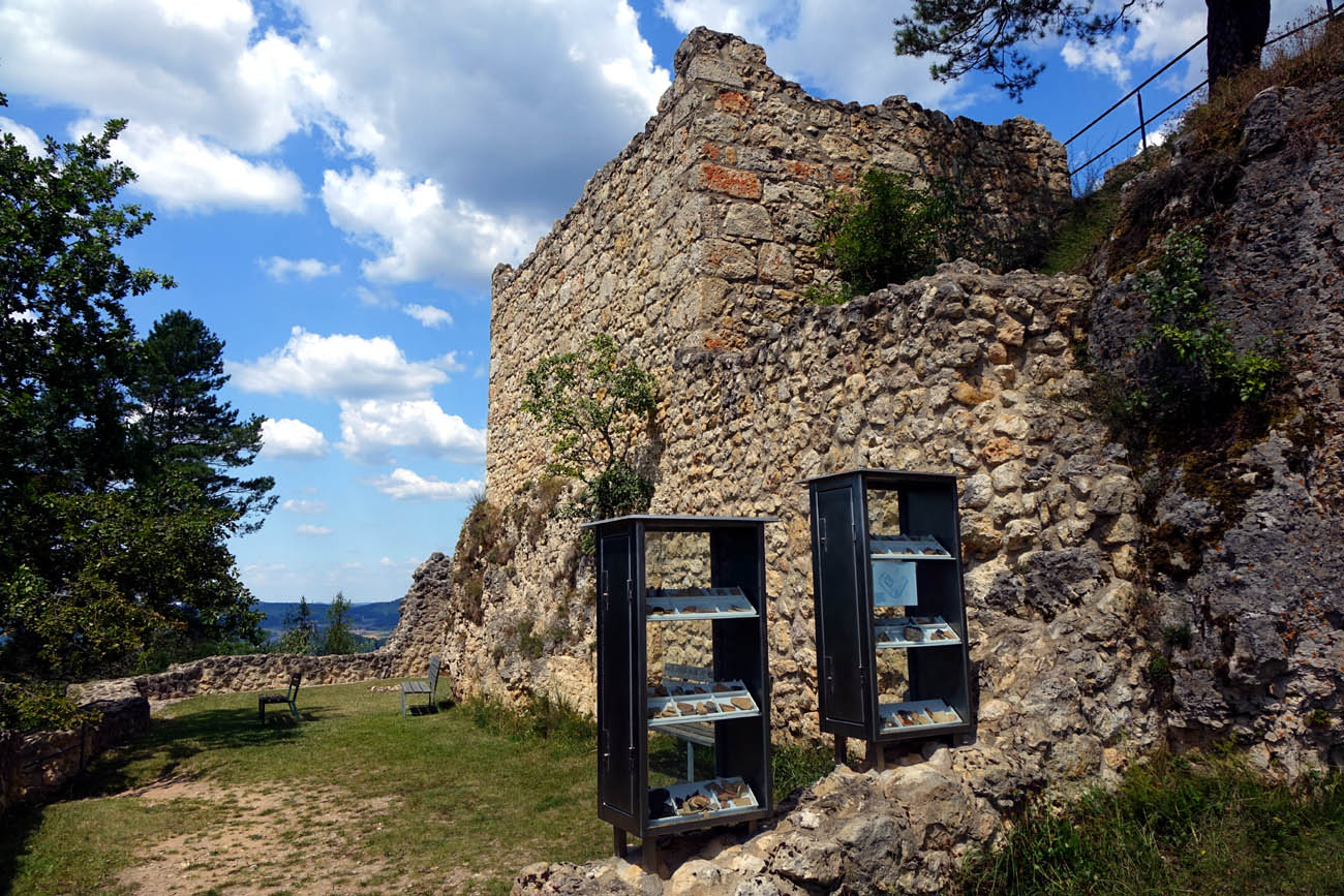 Vor der Burgmauer stehen Vitrinen mit Tonscherben und anderen Funden aus Ausgrabungen auf der Burg Lichtenegg