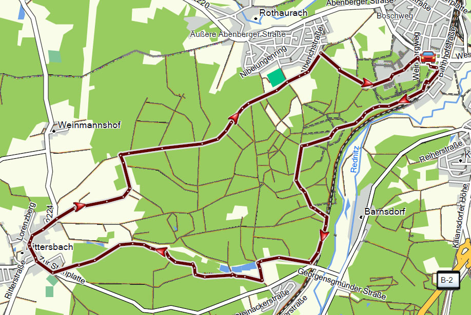 Karte Weinberg-Rednitztal-Rundwanderweg in Roth in Mittelfranken