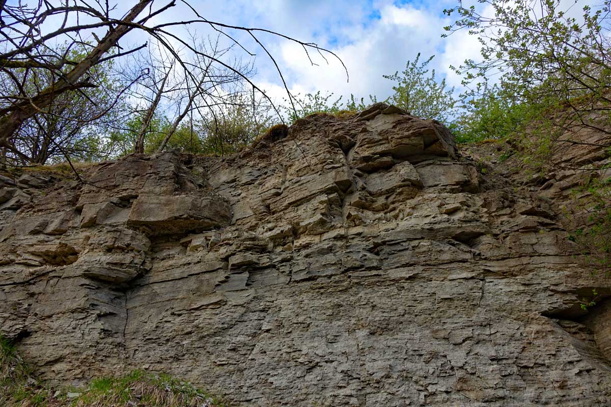 Gesteinsschichten im Geotop Gipsbruch Endsee im Landkreis Ansbach Mittelfranken