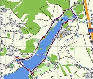 Kurze Wanderungen bis 5 km im Landkreis Roth 15 Wandern am Rothsee im Fraenkischen Seenland Vorsperre Kleiner Rothsee Karte mit Route