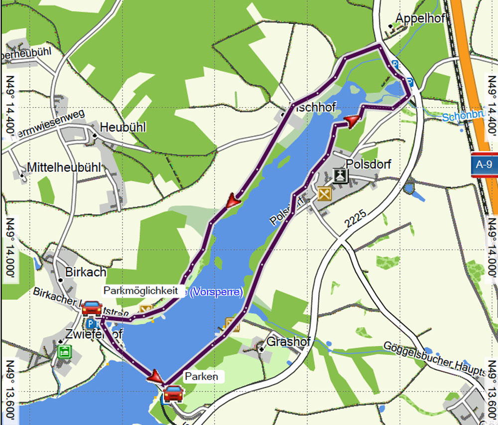 Wandern am Rothsee im Fraenkischen Seenland Vorsperre Kleiner Rothsee Karte mit Route