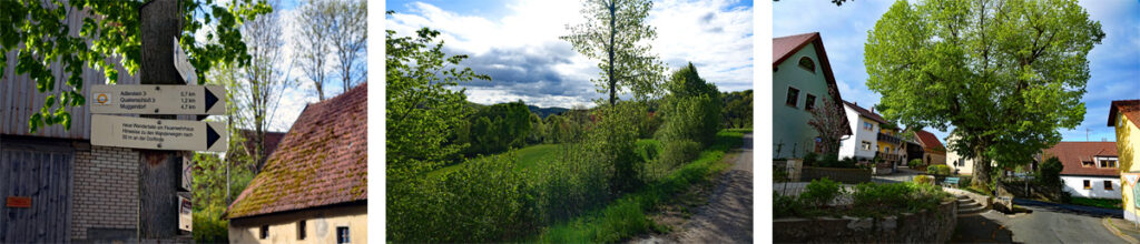 Rundwanderung von der Riesenburg zum Quackenschloss im Wiesenttal (Landkreis Forchheim) 17 In Engelhardsberg im Wiesenttal gibt es Wegweiser zum Adlerstein, Riesenburg und Quackenschloss
