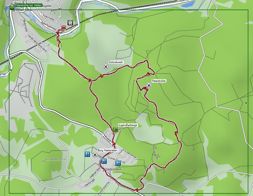 Rundwanderweg von Velden zur Petershöhle und Burg Hartenstein (Landkreis Nürnberger Land) 18 Wanderkarte von Velden zur Petershöhle im Veldensteiner Forst